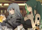  2girls :3 arknights bangs bare_arms bare_shoulders beer_mug black_nails blurry blurry_background breasts camisole cleavage commentary_request cup dress green_hair grey_dress grey_hair hair_between_eyes hand_up highres holding holding_cup horns hoshiguma_(arknights) indoors large_breasts long_hair long_sleeves looking_at_viewer mug multiple_girls nail_polish no_hat no_headwear red_eyes single_horn smile spaghetti_strap specter_(arknights) sweat upper_body yellow_eyes yoshiga 