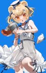  1girl absurdres animal_ears arknights bangs bare_arms bare_shoulders bear_ears blonde_hair blue_background blue_bow blush bow commentary_request dress feet_out_of_frame food frying_pan gummy_(arknights) gummy_(summer_flowers)_(arknights) hair_bow highres holding holding_frying_pan ice_cream looking_at_viewer ningen_mame official_alternate_costume open_mouth orange_eyes short_hair simple_background sleeveless sleeveless_dress solo steak white_dress white_headwear 