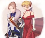  2girls absurdres bangs bare_shoulders blonde_hair blue_gemstone breasts brown_gloves brown_hair choker cleavage closed_mouth collarbone couple dress earrings elbow_gloves evening_gown gem gloves granblue_fantasy grin hair_between_eyes hair_intakes highres holding_hands jewelry katalina_(granblue_fantasy) long_dress medium_breasts miso-ha_(ukyuu) multiple_girls off-shoulder_dress off_shoulder red_choker red_dress red_eyes shiny shiny_hair short_hair smile stairs vira_(granblue_fantasy) white_gloves yuri 