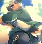  anthro big_butt boar_stag144 bottomwear brown_body brown_fur butt canid canine canis clothing domestic_dog embarrassed eyebrows fur hi_res lifewonders looking_back male mammal musclegut scar shorts solo thick_eyebrows tight_clothing tokyo_afterschool_summoners topknot video_games yasuyori 