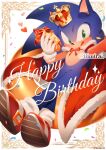  1boy cape commentary_request crown food furry furry_male gloves green_eyes happy_birthday heart holding holding_food hot_dog iiimirai licking_lips male_focus red_cape red_footwear red_ribbon ribbon solo sonic_(series) sonic_the_hedgehog tongue tongue_out white_gloves 