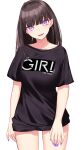  1girl bangs black_hair black_shirt cowboy_shot highres ichiki_1 long_hair looking_at_viewer nail_polish open_mouth original purple_eyes shirt solo t-shirt white_background 