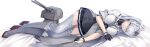  1girl black_gloves black_skirt breasts chou-10cm-hou-chan_(fuyutsuki&#039;s) clothes_writing dakimakura_(medium) fuyutsuki_(kancolle) gloves grey_eyes grey_hair grey_legwear grey_neckerchief grey_shawl hachimaki half_gloves headband kantai_collection kochipu large_breasts long_hair lying microskirt neckerchief on_side one_side_up pleated_skirt sailor_collar school_uniform serafuku shawl short_sleeves skirt smile thighhighs very_long_hair white_headband white_sailor_collar 