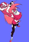  1_eye absurd_res bomb breasts cherri_bomb_(hazbin_hotel) clothed clothing cyclops demon explosives fangs female hair hazbin_hotel hi_res holding_object holding_weapon humanoid o3t open_mouth open_smile pink_eyes pink_hair simple_background smile solo weapon white_body 