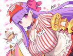  1girl azu_(kirara310) breasts cherry claw_(weapon) cosplay earrings fate/extra fate/extra_ccc fate/grand_order fate_(series) food fruit gigantic_breasts hair_ribbon huge_breasts jewelry looking_at_viewer name_tag passionlip_(fate) pink_ribbon purple_hair ribbon single_earring smile solo tamamo_(fate) tamamo_cat_(fate) tamamo_cat_(fate)_(cosplay) tamamo_cat_(lostroom_outfit)_(fate) tamamo_cat_(lostroom_outfit)_(fate)_(cosplay) visor_cap waitress weapon 