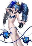  1girl :d :p ass bangs bare_shoulders bikini blue_bikini blue_hair blue_nails bombergirl breasts brown_eyes commentary_request drill_hair fangs from_side front-tie_bikini front-tie_top hair_between_eyes heart heart_tattoo highres lewisia_aquablue long_hair looking_at_viewer looking_to_the_side nail_polish pubic_tattoo revision side-tie_bikini simple_background small_breasts smile solo suketoudara_(artist) swimsuit tail tattoo tongue tongue_out twin_drills twintails very_long_hair white_background 