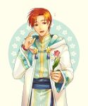  1boy :d akke blush brown_hair coat fire_emblem fire_emblem:_path_of_radiance flower hair_tubes holding holding_flower hood hood_down hooded_coat long_sleeves looking_at_viewer male_focus open_clothes open_coat open_mouth pink_flower red_eyes rhys_(fire_emblem) shiny shiny_hair short_hair smile solo tulip white_background white_coat 