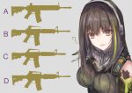  1girl ? absurdres bandana bangs bare_shoulders brown_eyes brown_hair girls&#039;_frontline green_hair gun headset highres long_hair m4a1_(girls&#039;_frontline) martinreaction multicolored_hair open_mouth quiz ribbed_sweater rifle sleeveless sleeveless_sweater solo streaked_hair sweater two-tone_hair weapon 