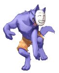  2021 anthro boxers_(clothing) canid canine canis claws clothing fur hi_res jam_uo kedamono_(popee_the_performer) male mammal mask noh_mask open_mouth open_smile orange_boxers pattern_clothing pattern_underwear popee_the_performer purple_body purple_fur simple_background smile solo tongue tongue_out underwear white_background wolf 
