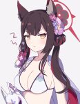  1girl angry animal_ear_fluff animal_ears asymmetrical_bangs bangs bikini black_hair blue_archive blunt_ends breasts cleavage colored_inner_hair flower fox_ears fox_girl fox_mask frown hair_flower hair_ornament halo holding holding_mask large_breasts mask multicolored_hair purple_bikini red_hair siha048 string_bikini swimsuit two-tone_hair wakamo_(blue_archive) wakamo_(swimsuit)_(blue_archive) white_bikini yellow_eyes 