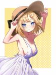 1girl armpits arms_up blonde_hair blue_eyes blush border breasts brown_headwear cleavage closed_mouth cowboy_shot dress hands_on_headwear hat highres hiroikara_(smhong04) hololive hololive_english large_breasts looking_at_viewer outside_border polka_dot polka_dot_background short_hair sleeveless sleeveless_dress smile solo sun_hat sundress watson_amelia white_border white_dress yellow_background 