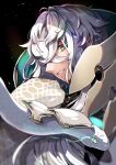  1boy asclepius_(fate) bangs black_background black_jacket commentary_request eyebrows_behind_hair fate/grand_order fate_(series) green_eyes grey_hair hair_between_eyes highres jacket long_hair looking_at_viewer male_focus parted_lips revision ruri_rarako solo upper_body 