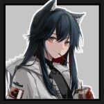  1girl animal_ear_fluff animal_ears arknights bangs black_border black_hair black_shirt boleror_(snowcmpie) border chinese_commentary closed_eyes closed_mouth colored_inner_hair commentary_request food food_in_mouth fur-trimmed_hood fur_trim gloves grey_background holding hood hood_down hooded_jacket jacket long_hair looking_at_viewer mouth_hold multicolored_hair official_alternate_costume open_clothes open_jacket outline outside_border pocky red_eyes red_gloves red_hair shirt sidelocks simple_background solo texas_(arknights) texas_(winter_messenger)_(arknights) two-tone_hair white_outline wolf_ears 