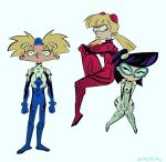  1boy 2girls absurdres arnold_(hey_arnold!) ayanami_rei ayanami_rei_(cosplay) blonde_hair blue_bodysuit blue_headwear bodysuit clenched_hands closed_mouth cosplay crossed_arms crossover english_commentary full_body glasses helga_g_pataki hey_arnold! highres ikari_shinji ikari_shinji_(cosplay) interface_headset knees_together_feet_apart light_blue_background looking_at_another meatgiri multiple_girls neon_genesis_evangelion no_mouth phoebe_heyerdahl plugsuit purple_hair red_bodysuit short_hair simple_background souryuu_asuka_langley souryuu_asuka_langley_(cosplay) white_bodysuit 