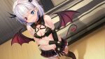  1girl akasaai asymmetrical_gloves black_bra black_gloves black_legwear black_skirt blue_eyes blush bra breasts cleavage closed_mouth clothing_cutout demon_girl demon_tail demon_wings dutch_angle elbow_gloves embarrassed game_cg gloves heart_cutout heterochromia indoors layered_skirt medium_hair microskirt midriff navel ninnindays red_eyes skirt small_breasts solo stomach suzuran_(ninnindays) tail thighhighs underwear white_hair wings wooden_floor 