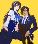  1boy 1girl :d akke anchor_print black_footwear black_hair black_legwear blue_bow blue_bowtie blue_jacket blue_necktie blue_pants blue_sailor_collar blue_skirt bow bow_hairband bowtie collared_shirt couple crossed_legs glasses hair_bow hair_over_one_eye hairband hand_on_another&#039;s_head hetero jacket long_hair long_sleeves miniskirt necktie official_alternate_costume open_clothes open_jacket open_mouth pants pleated_skirt ponytail rectangular_eyewear rokurou_rangetsu sailor_collar sailor_shirt school_uniform shiny shiny_clothes shiny_hair shiny_legwear shiny_skin shirt simple_background sitting sitting_on_lap sitting_on_person sketch skirt smile suspender_skirt suspenders tales_of_(series) tales_of_berseria thighhighs velvet_crowe very_long_hair white_bow white_hairband white_shirt wing_collar yellow_background yellow_eyes zettai_ryouiki 