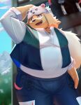  2022 aipangpangdeyua anthro belly big_belly bottomwear canid canine canis clothing cu_sith_(tas) detailed_background domestic_dog hat headgear headwear hi_res humanoid_hands kemono lifewonders male mammal outside overweight overweight_male pants shirt solo tokyo_afterschool_summoners topwear video_games 