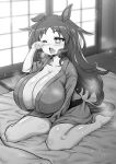  +_+ 1girl animal_ears barefoot breasts cleavage greyscale highres horse_ears horse_girl huge_breasts isemagu long_hair marvelous_sunday_(umamusume) monochrome one_eye_closed open_mouth signature solo umamusume 