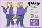  absurd_res anthro blonde_hair bottomwear character_collage clothed clothing denim denim_clothing digital_media_(artwork) domestic_ferret english_text felix_(finalferret) fur hair hi_res hoodie jeans katlovesshrimp lgbt_pride long_hair male mammal model_sheet mustela mustelid musteline pansexual_pride_colors pants pride_colors shirt simple_background smile solo standing text topwear torn_clothing true_musteline 