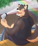  anthro blush brown_body brown_fur canid canine canis clothing domestic_dog eyebrows fur hi_res lifewonders live-a-hero male mammal muscular muscular_anthro muscular_male pubraseer rear_view shi_ba_ki_chi shirt solo tank_top thick_eyebrows topwear video_games water_hose 