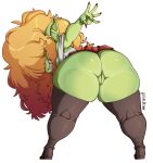  absurd_res bent_over big_butt butt clothing female genitals goblin hair hair_over_eyes hi_res humanoid legwear not_furry nuclearwasabi pussy pussy_floss simple_background solo thigh_highs thong underwear white_background 