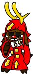  anthro antlers bored_in_a_good_way capreoline cervid chibi clothing coat female hair hooves horn lucky_ducky mammal pins red_hair red_nose reindeer simple_background smug solo topwear 