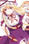  1girl bangs blonde_hair blush commentary_request eyes_visible_through_hair hair_between_eyes highres long_hair looking_at_viewer open_mouth purple_eyes simple_background smile solo standing touhou white_background yakumo_yukari zeroko-san_(nuclear_f) 