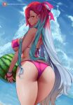  1girl araneesama artist_name ass bangs bare_shoulders bikini blue_hair blue_sky blush bracelet breasts cloud cloudy_sky commentary covered_nipples day fingernails food from_behind fruit highleg highleg_bikini highres holding holding_food jewelry large_breasts lips long_hair looking_at_viewer looking_back multicolored_hair ocean outdoors parted_lips purple_bikini red_eyes red_hair riela_marcellis senjou_no_valkyria_(series) senjou_no_valkyria_3 shiny shiny_clothes shiny_hair shiny_skin simple_background sky solo swimsuit thighs two-tone_hair water watermelon 