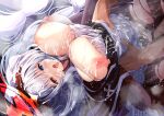  1girl azur_lane blue_eyes breasts bukkake clothed_female_nude_male cum cum_on_body dark-skinned_male dark_skin elbing_(azur_lane) facial grabbing hetero heterochromia highres huge_breasts long_hair lying madotsukumo motion_lines nipples nude on_back open_mouth orange_eyes out_of_frame sex skindentation solo tongue tongue_out very_long_hair white_hair 