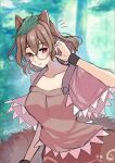  1girl :o animal_ears aoko_(myut7287) bangs brown_eyes brown_hair brown_shirt brown_skirt forest futatsuiwa_mamizou glasses half-closed_eyes highres leaf leaf_on_head looking_at_viewer nature open_mouth outdoors raccoon_ears raccoon_girl raccoon_tail shirt short_hair short_sleeves skirt solo tail touhou tree 