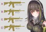  1girl absurdres bandana bangs bare_shoulders blush brown_eyes brown_hair girls&#039;_frontline green_hair grey_background gun headset heart highres long_hair m4a1_(girls&#039;_frontline) martinreaction multicolored_hair quiz ribbed_sweater rifle simple_background sleeveless sleeveless_sweater smile solo streaked_hair sweater two-tone_hair weapon 