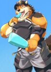  anthro barrel_(live-a-hero) canid canine canis clothing dessert food hat headgear headwear hi_res ice_cream lifewonders live-a-hero male mammal muscular muscular_anthro muscular_male nazebesu_hobby offering_food pecs shirt solo tank_top topwear video_games wolf 