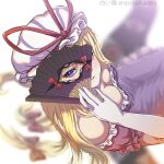  1girl bare_shoulders blonde_hair blurry blurry_background blurry_foreground bow breasts cleavage covering_face depth_of_field dress elbow_gloves folding_fan frills gap_(touhou) gloves hand_fan hat hat_ribbon holding holding_fan large_breasts long_hair medium_breasts mob_cap motion_blur purple_dress purple_eyes ribbon shiroi_karasu solo strapless strapless_dress touhou upper_body white_gloves yakumo_yukari 