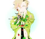  1boy asymmetrical_bangs bangs blonde_hair clothing_cutout covered_mouth earrings eyes_visible_through_hair flower food food-themed_earrings fruit hands_up holding holding_plant italian_text jewelry jojo_no_kimyou_na_bouken long_hair looking_at_viewer male_focus nail_polish nakano_en necktie pannacotta_fugo petals plant solo stomach_cutout strawberry strawberry_blossoms strawberry_earrings translation_request vento_aureo yellow_eyes 