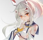  1girl ascot ayanami_(azur_lane) azur_lane bandaid bandaid_on_arm bangs belt breasts choker collarbone commentary_request detached_sleeves eyes_visible_through_hair finger_to_mouth gradient gradient_background grey_hair hair_between_eyes hair_ornament hairclip headgear highres index_finger_raised long_hair long_sleeves looking_at_viewer luckyes midriff orange_eyes ponytail retrofit_(azur_lane) ribbon-trimmed_sleeves ribbon_trim school_uniform serafuku sideboob sidelocks simple_background solo underboob white_background wide_sleeves 