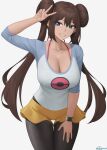  1girl bangs black_legwear blue_eyes blue_sleeves blush breasts brown_hair cleavage collarbone double_bun grin hair_bun highres large_breasts legwear_under_shorts long_hair long_sleeves looking_at_viewer pantyhose pokemon pokemon_(game) pokemon_bw2 raglan_sleeves revision rosa_(pokemon) shirt short_shorts shorts sidelocks simple_background smile solo thigh_gap thighs twintails v white_background white_shirt yellow_shorts zaphn 