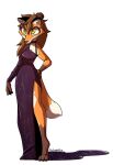  3_toes anthro artist_name barefoot breasts canid canine claws clothed clothing digital_media_(artwork) dress eyeliner feet female fingers fox fur hair hand_on_hip hi_res makeup mammal miakameron simple_background solo standing toe_claws toes topwear white_body white_fur yellow_eyes 