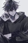  1boy black_hair black_hoodie earrings grey_background grey_eyes highres hood hood_down hoodie jewelry male_focus mole mole_under_eye original parted_lips simple_background sleeves_past_wrists solo taiyakitarou 