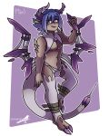  blue_hair clawed_feet clothed clothing grey_tail hair hi_res horn horned_humanoid humanoid male my_lovely_wife partially_clothed purple_eyes purple_horn purple_wings shriekingmagpie simple_background solo wings 