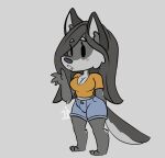  &lt;3 anthro barefoot big_breasts black_eyes black_hair bottomwear breasts canid canine canis cleavage_cutout clothing doodlebunnyart feet female fur gesture grey_body grey_fur hair hair_over_eye mammal one_eye_obstructed shorts simple_background standing waving wolf wolf_tail 