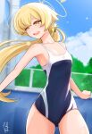  1girl :d absurdres bangs blonde_hair blue_archive blue_swimsuit blurry blurry_background bow breasts chain-link_fence competition_school_swimsuit competition_swimsuit cowboy_shot day english_commentary fence hair_bow halo hifumi_(blue_archive) highres long_hair looking_to_the_side low_ponytail nontraditional_school_swimsuit one-piece_swimsuit outdoors poolpool school_swimsuit short_eyebrows signature small_breasts smile solo swimsuit teeth tongue upper_teeth yellow_bow yellow_eyes 