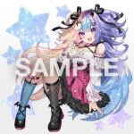  1girl blue_hair blush bubble_tea commission demon_girl demon_horns demon_tail dress horns indie_virtual_youtuber lilith_achter long_hair multicolored_hair open_mouth pink_hair purple_eyes purple_hair sample_watermark shione_(memento_forest) skeb_commission smile solo split-color_hair tail very_long_hair virtual_youtuber 