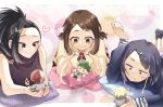  3girls bangs black_hair blush boku_no_hero_academia braid braided_bangs breasts brown_eyes brown_hair character_doll closed_mouth commentary doll grey_eyes hair_ornament hairclip heart holding holding_doll iorieggs514 jirou_kyouka kaminari_denki lightning_bolt_hair_ornament lightning_bolt_symbol long_hair long_sleeves lying midoriya_izuku multiple_girls on_stomach pillow ponytail purple_hair shirt short_hair short_sleeves single_braid smile star_(symbol) todoroki_shouto twitter_username uraraka_ochako yaoyorozu_momo yellow_shirt 