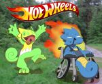  3_fingers beta_kingdra beta_pok&eacute;mon_(species) beta_pok&eacute;mon_games burning clarence_castellano clothing english_text fingers fire hot_wheels humor kecleon legless mattel miau nintendo open_mouth overalls overalls_only photo_background pok&eacute;mon pok&eacute;mon_(species) pok&eacute;mon_gold_beta skyelu text tongue video_games wheelchair 