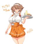  1girl alternate_costume apron breasts brown_hair cowboy_shot flipped_hair green_eyes hairband highres holding holding_tray kantai_collection kuga_zankurou large_breasts miniskirt mutsu_(kancolle) one_eye_closed shirt short_hair short_sleeves skirt smile solo standing tray waitress white_hairband white_shirt yellow_apron yellow_skirt 