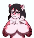 5_fingers aerola animated anthro anushka_(karinmakaa) blep breast_squeeze breasts felid female fingers fur grey_eyes hi_res jokku mammal neck_tuft nipples nude one_eye_closed pantherine pink_body pink_fur rubbing_breast solo stripes tiger tongue tongue_out tuft wink 