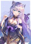  1girl animal_ears blue_eyes blush breasts cat_ears cat_girl cat_tail cleavage commission dress indie_virtual_youtuber japanese_clothes long_hair looking_at_viewer meowjennycat open_mouth purple_hair shione_(memento_forest) skeb_commission smile solo tail very_long_hair virtual_youtuber 