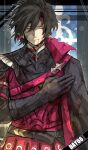  1boy belt belt_buckle black_belt black_cape black_gloves black_hair blood blood_from_mouth blood_on_clothes blood_on_face buckle cape closed_eyes constantine_xi_(fate) earrings english_text facing_viewer fate/grand_order fate_(series) flag gloves hair_between_eyes hand_on_own_chest highres jewelry kankan33333 lens_flare light_smile male_focus outline red_armor red_belt shaded_face short_hair shoulder_belt shoulder_cape solo straight-on torn_cape torn_clothes two-sided_fabric upper_body white_outline 