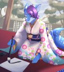  absurd_res asian_clothing big_breasts big_tail blue_body blue_skin breasts calligraphy_brush carpet_shark clothing detailed_background east_asian_clothing female fish flower_kimono green_eyes hair hi_res japanese_clothing ketzel99 kimono looking_down marine purple_hair rigel_(1stsavagery) shark solo whale_shark white_body white_skin wide_hips 