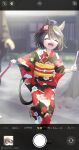  1girl ^_^ ^o^ absurdres ahoge alternate_costume animal_ears black_hair blurry blurry_background child closed_eyes commentary_request depth_of_field ear_ornament film_grain floral_print full_body highres holding horse_ears horse_girl horse_tail japanese_clothes kadokura_(sushiu_max) kimono kitasan_black_(umamusume) obi phone_screen ribbon running sash shichi-go-san short_hair solo sunlight tabi tail translation_request twitter_username umamusume viewfinder wide_sleeves younger zouri 